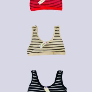 3 Pack Striped Cotton Bras Red Beige Black Non Padded